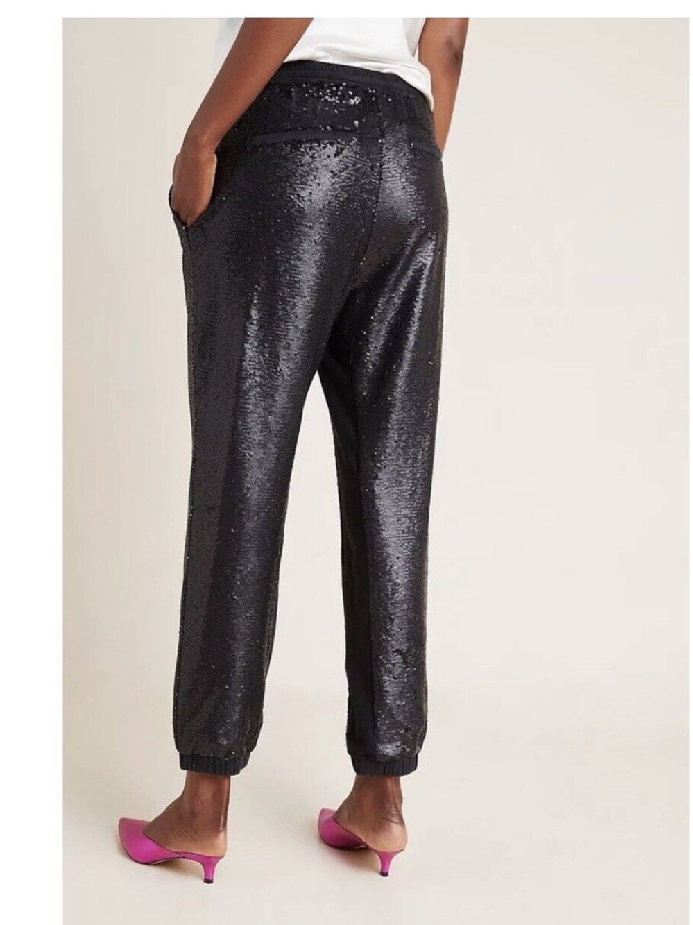 Anthropologie Black Sequin Track Joggers with Drawstring - Picture 5 of 11